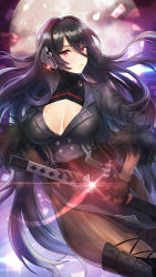 Rule 34 | 1girl, black gloves, black hair, black pantyhose, blurry, blurry background, breasts, cleavage, cleavage cutout, clothing cutout, fingerless gloves, full moon, glint, gloves, hair between eyes, headset, highres, iron saga, large breasts, long hair, looking at viewer, mole, mole on breast, moon, night, noixen, oboro (iron saga), outdoors, pantyhose, red eyes, sheath, solo, unsheathing, very long hair