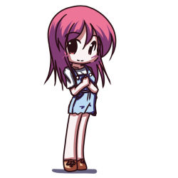 Rule 34 | 00s, 1girl, bare legs, blue dress, blush, brown footwear, chibi, collarbone, dress, fictional sister, full body, hands on own chest, kaleido star, long hair, looking at viewer, naegino sora, own hands together, red hair, shadow, shirt, shoes, short hair, short sleeves, simple background, smile, solo, standing, white background, white shirt