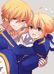 Rule 34 | 1boy, 1girl, ahoge, artoria pendragon (all), artoria pendragon (fate), blonde hair, carrying, dinikee, earrings, fate/stay night, fate/zero, fate (series), gilgamesh (fate), green eyes, jewelry, juliet sleeves, long sleeves, necklace, official alternate costume, princess carry, puffy sleeves, red eyes, saber (fate), short hair