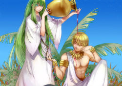 Rule 34 | 2boys, alcohol, armlet, bad id, bad pixiv id, blonde hair, bracelet, earrings, enkidu (fate), fate/strange fake, fate/zero, fate (series), gilgamesh (fate), green eyes, green hair, jar, jewelry, lantty, long hair, lots of jewelry, multiple boys, necklace, pouring, red eyes, spill, toga, wine