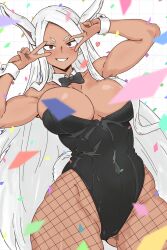 Rule 34 | 1girl, animal ears, bare shoulders, black bow, black bowtie, black leotard, boku no hero academia, bow, bowtie, breasts, cleavage, confetti, covered abs, covered navel, dark-skinned female, dark skin, detached collar, double v, gluteal fold, grid background, guchapin, highleg, highleg leotard, highres, large breasts, leotard, long eyelashes, long hair, looking at viewer, mirko, pantyhose, parted bangs, playboy bunny, rabbit ears, rabbit girl, red eyes, smile, solo, thick thighs, thigh gap, thighs, toned, v, v over eye, very long hair, white hair, wrist cuffs