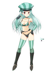 Rule 34 | 1girl, blush, boots, breasts, choker, cleavage, color guide, contrapposto, elbow gloves, fingerless gloves, full body, gloves, green choker, hand on own hip, hand up, hat, high heel boots, high heels, jade barroth, long hair, medium breasts, monster hunter (series), ohta yuichi, personification, red eyes, simple background, solo, standing, striped clothes, striped thighhighs, thighhighs, vertical-striped clothes, vertical-striped thighhighs, white background
