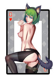 Rule 34 | 1girl, anal tail, animal ears, ass, back, backless panties, blue eyes, card, cat ears, cat tail, ela (rainbow six siege), fake tail, fj wu cheng&#039;en, green hair, highres, leggings, looking to the side, nail polish, nipples, panties, pink nails, playing card, rainbow six siege, short hair, smile, solo, tail, thigh strap, underwear
