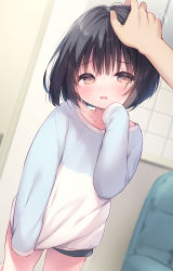 Rule 34 | 1boy, 1girl, black hair, black shorts, blue shirt, blurry, blurry background, blush, brown eyes, collarbone, commentary request, depth of field, hand up, head tilt, headpat, highres, indoors, long sleeves, motion lines, original, out of frame, parted lips, shirt, short shorts, shorts, sleeves past fingers, sleeves past wrists, standing, tears, usashiro mani, wavy mouth