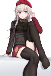 Rule 34 | 1girl, absurdres, ak74m (girls&#039; frontline), arm support, beret, black jacket, black thighhighs, blue eyes, breasts, garter straps, girls&#039; frontline, hair ornament, hat, highres, jacket, long sleeves, looking at viewer, no shoes, red hat, red skirt, simple background, sitting, skirt, snowflake hair ornament, solo, thighhighs, white background, yakob labo
