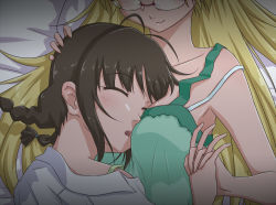 Rule 34 | 2girls, akizuki ritsuko, bed, bed sheet, bespectacled, between breasts, blonde hair, blush, borrowed clothes, braid, breast pillow, breast smother, breasts, brown hair, unworn eyewear, eyewear switch, face to breasts, glasses, hand on another&#039;s head, holding hands, hoshii miki, idolmaster, idolmaster (classic), interlocked fingers, large breasts, long hair, lying, lying on person, multiple girls, on person, open mouth, puton, short hair, sleeping, sleeping on person, smile, twin braids, yuri