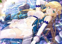 Rule 34 | 1girl, arm warmers, azur lane, blonde hair, blurry, breasts, day, depth of field, dress, forbin (azur lane), gloves, green eyes, hair between eyes, hair bun, highres, lying on water, outdoors, shallow water, single hair bun, single side bun, solo, thighhighs, torn clothes, torn dress, water, wet, wet clothes, white gloves, white thighhighs, yano mitsuki (nanairo)