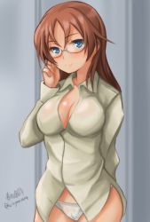 Rule 34 | 1girl, adjusting eyewear, arm behind back, artist name, blouse, blue eyes, breasts, brown hair, cleavage, closed mouth, cowboy shot, dress shirt, edytha neumann, glasses, haruhata mutsuki, long hair, long sleeves, looking at viewer, medium breasts, no pants, panties, see-through, see-through shirt, shirt, signature, smile, solo, standing, twitter username, underwear, white panties, white shirt, witches of africa, world witches series
