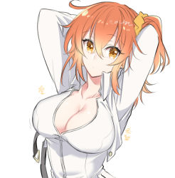 Rule 34 | 1girl, ahoge, arms up, blush, breasts, chaldea uniform, cleavage, fate/grand order, fate (series), fujimaru ritsuka (female), hair between eyes, hair ornament, hair scrunchie, large breasts, looking at viewer, one side up, orange eyes, orange hair, scrunchie, shino-o, short hair, simple background, smile, solo, twitter username, unbuckled, white background
