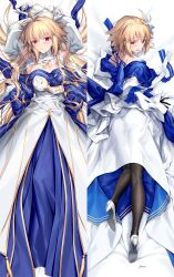 Rule 34 | 1girl, archetype earth, arcueid brunestud, armpits, arms up, back, bare shoulders, black gloves, blonde hair, blue skirt, blush, breasts, cleavage, dakimakura (medium), detached collar, detached sleeves, dress, fate/grand order, fate (series), flower, gloves, hair flower, hair ornament, high heels, highres, kousaki rui, large breasts, layered skirt, long hair, long skirt, looking at viewer, looking back, lying, on back, open mouth, pantyhose, parted lips, red eyes, sash, short hair, skirt, tsukihime, very long hair, white dress, white gloves