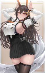 Rule 34 | 1girl, absurdres, animal ears, archstreal, arms up, azur lane, black hair, black skirt, black thighhighs, blush, braid, breasts, chikuma (azur lane), closed mouth, cowboy shot, crossed bangs, earrings, hair ornament, highres, jewelry, large breasts, long hair, long sleeves, looking at viewer, mole, mole under mouth, pleated skirt, rabbit ears, sideboob, skirt, smile, solo, thighhighs, thighs, yellow eyes