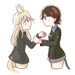 Rule 34 | 2girls, animal ears, aqua eyes, blonde hair, blue eyes, blush, bomber jacket, brown hair, dog ears, dog tail, erua, fox ears, fox tail, holding another&#039;s arm, holding own arm, honda takashi (enorea), jacket, long hair, long sleeves, looking at another, military, military uniform, multiple girls, ottilie kittel, short hair, simple background, strike witches, tail, uniform, waltraud nowotny, white background, world witches series
