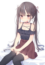 Rule 34 | 1girl, absurdres, bad id, bad pixiv id, bare shoulders, bed sheet, black shirt, black skirt, blush, breasts, brown skirt, cleavage, closed mouth, clothing cutout, commentary request, earrings, fingernails, hair between eyes, hair ribbon, highres, jewelry, looking away, nail polish, original, pleated skirt, red nails, red ribbon, ribbon, shirt, shoulder cutout, sidelocks, sitting, skirt, small breasts, solo, thighhighs, tsuruse, twintails, white background