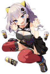 Rule 34 | 1girl, bad id, bad pixiv id, black dress, blue eyes, blush, boots, breasts, can, claw pose, cleavage, cleavage cutout, clothing cutout, cross hair ornament, dress, energy drink, hair ornament, hairclip, highres, kaguya luna, long hair, looking at viewer, obi, ogadenmon, open mouth, panties, panty peek, red legwear, ribbon, sash, silver hair, simple background, sleeveless, sleeveless dress, smile, solo, the moon studio, twintails, underwear, virtual youtuber, white background, white panties, white ribbon, wrist ribbon, x hair ornament