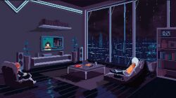 Rule 34 | 2girls, animated, couch, food, lightning, looping animation, multiple girls, night, pixel art, pizza, rain, room, table, tagme, television, victorards, video