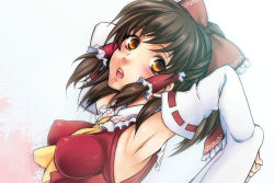 Rule 34 | 1girl, armpits, arms behind head, ascot, blush, bow, breasts, brown eyes, brown hair, covered erect nipples, detached sleeves, female focus, hair bow, hair tubes, hakurei reimu, impossible clothes, impossible shirt, japanese clothes, medium breasts, miko, open mouth, shirt, solo, touhou, unizo, upper body