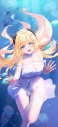 Rule 34 | 1girl, against glass, ahoge, back, blonde hair, blush, breasts, cleavage, crossed bangs, dress, eyelashes, floating hair, frilled dress, frills, full body, hair ornament, highres, hololive, horns, jellyfish, large breasts, long hair, looking at viewer, open mouth, purple eyes, sheep horns, sidelocks, solo, teeth, tinyen wang, tsunomaki watame, underwater, upper teeth only, virtual youtuber, water, white dress