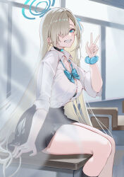 Rule 34 | 1girl, absurdres, asuna (blue archive), black choker, black skirt, black socks, blue archive, blue eyes, blue halo, bow, bowtie, choker, desk, grin, hair over one eye, hair tie, halo, highres, indoors, light brown hair, looking at viewer, loose bowtie, on desk, ouo (ouoq2), school uniform, scrunchie, shirt, sitting, on desk, skirt, sleeves rolled up, smile, socks, solo, uniform, v, white shirt, wrist scrunchie