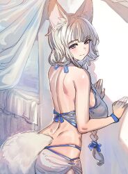 Rule 34 | 1girl, animal ears, bed, bikini, blue bow, bow, bow (bhp), braid, braided ponytail, breasts, closed mouth, copyright request, curtains, from behind, grey eyes, hair bow, large breasts, long hair, smile, solo, swimsuit, tail, white bikini, white hair