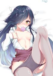 Rule 34 | 10s, 1girl, artist name, black panties, blue hair, breasts, clothes pull, collarbone, condom, condom in mouth, cum, cum on body, cum on breasts, cum on hair, cum on upper body, facial, groin, hair over one eye, hair ribbon, hayashimo (kancolle), highres, kantai collection, leg up, long sleeves, looking at viewer, lying, mouth hold, navel, nebusoku, on back, open clothes, open shirt, panties, panties under pantyhose, panty pull, pantyhose, pantyhose pull, ribbon, shirt, small breasts, smile, solo, stomach, underwear, undressing, white ribbon, white shirt, yellow eyes