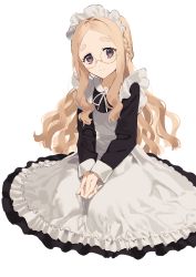 Rule 34 | 1girl, 2l (2lsize), absurdres, apron, black dress, blush, braid, closed mouth, collared dress, commentary request, dress, forehead, frilled apron, frilled dress, frills, grey eyes, highres, light brown hair, long hair, long sleeves, looking at viewer, maid, maid apron, maid headdress, neck ribbon, original, own hands together, parted bangs, ribbon, short eyebrows, simple background, smile, solo, thick eyebrows, very long hair, white apron, white background, white ribbon