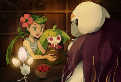 Rule 34 | 1girl, bowl, creatures (company), cup, drinking glass, eye contact, flower, flower on head, food, fruit, game freak, gen 7 pokemon, green hair, grey overalls, head rest, indoors, looking at another, mallow (pokemon), morelull, nintendo, nyala (nyala 766), open mouth, oranguru, overalls, pokemon, pokemon sm, shadow, sleeveless, smile, steenee, teeth, twintails, upper teeth only