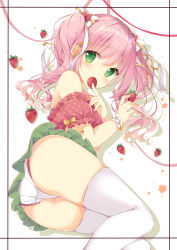 Rule 34 | 1girl, absurdres, ass, bare shoulders, blush, commentary request, crotch seam, feet out of frame, flower bracelet, food, food-themed hair ornament, frilled panties, frills, fruit, green eyes, green skirt, hair ornament, hair ribbon, highres, holding, holding food, holding fruit, lace trim, long hair, looking at viewer, lying, miniskirt, mouth hold, off-shoulder shirt, off shoulder, on side, orange ribbon, original, panties, pink hair, pink shirt, polka dot, puffy short sleeves, puffy sleeves, red ribbon, ribbon, shadow, shirosei mochi, shirt, short sleeves, sidelocks, skirt, solo, strawberry, strawberry hair ornament, thighhighs, twintails, underwear, wavy hair, white background, white panties, white ribbon, white thighhighs