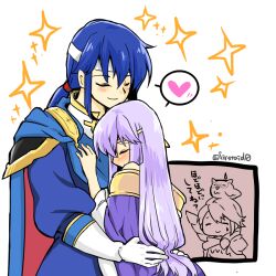 Rule 34 | 1boy, 1girl, alfonse (fire emblem), bare shoulders, blue cape, blue hair, brother and sister, cape, circlet, closed eyes, dress, feh (fire emblem heroes), fire emblem, fire emblem: genealogy of the holy war, fire emblem heroes, hand on another&#039;s chest, headband, heart, holding, hug, implied incest, incest, julia (fire emblem), long hair, nintendo, ponytail, purple hair, seliph (fire emblem), siblings, simple background, white headband, yukia (firstaid0)