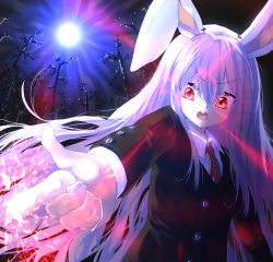 Rule 34 | 1girl, animal ears, blazer, blouse, buttons, collared shirt, highres, jacket, light purple hair, long hair, long sleeves, necktie, pleated skirt, puffy short sleeves, puffy sleeves, purple hair, rabbit girl, red eyes, red necktie, reisen udongein inaba, shirt, short sleeves, skirt, solo, sunnysideup, touhou, very long hair, white shirt