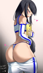 Rule 34 | 1girl, adapted costume, artist name, ass, bare shoulders, black hair, blue eyes, blunt bangs, blush, clothes pull, cloudy rain4, detached sleeves, heart, highres, huge ass, kill la kill, kiryuuin satsuki, lips, long hair, pants, pants pull, phone, selfie, simple background, solo, sports bra, thick eyebrows, thong, white pants