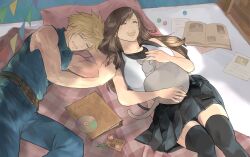 Rule 34 | 1boy, 1girl, animal, bare arms, bare shoulders, belt, bike shorts under skirt, black hair, black skirt, black thighhighs, blonde hair, blush, book, breasts, brown hair, cat, cd, closed eyes, cloud strife, crop top, final fantasy, final fantasy vii, final fantasy vii remake, happy, holding, holding animal, holding cat, indoors, large breasts, long hair, lying, on back, on side, open book, open mouth, pillow, shillo, skirt, sleeveless, sleeveless turtleneck, smile, spiked hair, sunlight, suspender skirt, suspenders, sweater, tank top, teeth, thighhighs, tifa lockhart, turtleneck, turtleneck sweater, undershirt, white tank top