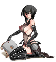 Rule 34 | 1girl, 695 (mukuko), bad id, bad pixiv id, bare shoulders, black hair, breasts, chair, covered erect nipples, elbow gloves, gloves, impossible clothes, impossible shirt, kneeling, large breasts, latex, nipples, personification, puffy nipples, see-through, shiny skin, shirt, sideboob, simple background, skin tight, solo, thighhighs