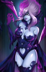 Rule 34 | 1girl, bare shoulders, blue skin, breasts, clothing cutout, colored skin, evelynn (league of legends), facial mark, fingernails, grey hair, half-closed eyes, heart cutout, hip focus, large breasts, league of legends, lipstick, looking at viewer, makeup, mascara, multicolored hair, navel, navel cutout, neo-tk.., purple hair, purple lips, scythe, sharp fingernails, slit pupils, smile, thighhighs, two-tone hair, watermark, yellow eyes