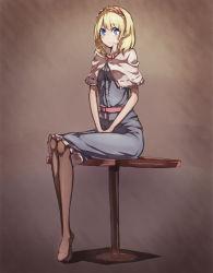 Rule 34 | 1girl, alice margatroid, blonde hair, blue dress, blue eyes, brown background, capelet, dress, female focus, hairband, highres, legs, looking at viewer, no shoes, pantyhose, pisoshi, sash, sitting, smile, solo, table, touhou, v arms