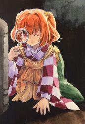 Rule 34 | 1girl, apron, bell, character name, checkered clothes, checkered kimono, clothes writing, commentary request, flat chest, green skirt, hair bell, hair intakes, hair ornament, highres, holding, holding magnifying glass, japanese clothes, kaigen 1025, kimono, kneeling, layered sleeves, long sleeves, magnifying glass, medium hair, motoori kosuzu, orange hair, parted lips, pink eyes, shirt, skirt, solo, touhou, white shirt, wide sleeves, yellow apron