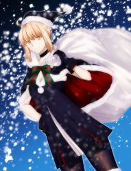 Rule 34 | 1girl, ahoge, artoria pendragon (all), artoria pendragon (fate), bag, black pantyhose, blonde hair, bow, capelet, choker, dress, dutch angle, fate/grand order, fate (series), gift bag, gloves, hand on own hip, hat, highres, kamiyan, looking at viewer, over shoulder, pantyhose, saber (fate), saber alter, santa alter, santa hat, smile, snowing, solo, yellow eyes