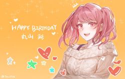 Rule 34 | 1girl, :d, bang dream!, blush, brown sweater, character name, collarbone, commentary request, crown print, happy birthday, heart, highres, long hair, long sleeves, looking at viewer, maruyama aya, off shoulder, open mouth, orange background, outline, pink eyes, pink hair, single bare shoulder, smile, solo, sparkle, sweater, tanu0706, translation request, twintails, twitter username, upper body, white outline