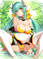 Rule 34 | 1girl, aqua hair, bad id, bad pixiv id, bare shoulders, bikini, blush, breast hold, breasts, cibo (killy), cleavage, collarbone, detached collar, dragon horns, fate/grand order, fate (series), frilled bikini, frills, hair ribbon, horns, japanese clothes, kiyohime (fate), kiyohime (fate/grand order), kiyohime (swimsuit lancer) (fate), kiyohime (swimsuit lancer) (first ascension) (fate), large breasts, long hair, looking at viewer, off shoulder, open mouth, partially submerged, ribbon, sitting, solo, spread legs, swimsuit, thighhighs, water, white thighhighs, yellow bikini, yellow eyes, yellow ribbon