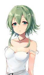 Rule 34 | 1girl, aqua eyes, arms behind back, bare shoulders, blush, breasts, cleavage, collarbone, dress, expressionless, eyelashes, green hair, hair between eyes, hair ornament, hairclip, half-closed eyes, highres, jewelry, looking at viewer, medium breasts, necklace, original, parted lips, short hair with long locks, simple background, sleeveless, sleeveless dress, solo, sundress, upper body, white background, white dress, zhi zhi/zu zu
