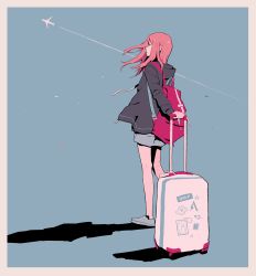 Rule 34 | 1girl, absurdres, aircraft, airplane, aqua background, backpack, bag, blue footwear, border, drawstring, expressionless, grey border, halftone, highres, holding, hood, hood down, limited palette, long sleeves, nihohe, orange hair, original, profile, shadow, solo, standing, suitcase, wide shot