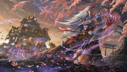 Rule 34 | 1boy, architecture, armor, claws, east asian architecture, glowing, glowing eyes, highres, horns, ibaraki (onmyoji), japanese clothes, jue leo li, long hair, looking at viewer, male focus, onmyoji, outdoors, petals, scenery, shoulder armor, solo, standing, sunset, torii, tree, very long hair, warrior, white hair, wide sleeves, wind, yellow eyes