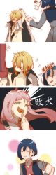 Rule 34 | 10s, 3girls, absurdres, aqua eyes, bad id, bad pixiv id, blonde hair, blue eyes, blue hair, blush, bobby pin, bukei, candy, cape, closed mouth, clothes grab, comic, crossover, darling in the franxx, evil smile, false smile, food, food in mouth, hairband, half-closed eyes, heart, heart in mouth, highres, horns, ichigo (darling in the franxx), lollipop, long hair, looking away, military, military uniform, multiple girls, necktie, open mouth, orange neckwear, pink hair, red horns, red neckwear, rolling sleeves up, simple background, sleeve grab, smile, surprised, tagme, translation request, uniform, violet evergarden, violet evergarden (series), white background, white cape, white hairband, zero two (darling in the franxx)