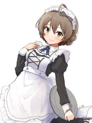 Rule 34 | 1girl, absurdres, ahoge, apron, black dress, black ribbon, blush, bow, braid, breasts, brown hair, closed mouth, cowboy shot, cross tie, dot nose, dress, frilled apron, frills, green eyes, hair between eyes, hair bow, hair ribbon, hand up, highres, holding, holding tray, idolmaster, idolmaster million live!, idolmaster million live! theater days, large breasts, light brown hair, long sleeves, looking at viewer, maid, maid apron, maid headdress, nnnn, puffy long sleeves, puffy sleeves, ribbon, sakuramori kaori, short hair, signature, simple background, smile, solo, standing, tray, white apron, white background