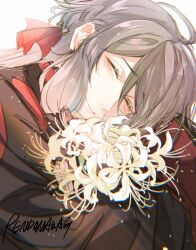 Rule 34 | 1boy, ahoge, ankou (shuuen no virche), artist name, black shirt, blush, bow, closed eyes, closed mouth, flower, grey background, grey hair, hair bow, highres, holding, holding flower, long hair, long sleeves, male focus, red bow, rendong06, shirt, shuuen no virche, smile, solo, spider lily, white flower, white spider lily