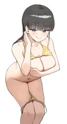 Rule 34 | 1girl, :q, absurdres, bare shoulders, bikini, bikini bottom pull, bikini top lift, black hair, blue eyes, blush, breasts, censored, cleavage, clothes lift, collarbone, commentary, covering breasts, covering privates, highres, large breasts, leaning forward, long hair, looking at viewer, mosaic censoring, navel, original, simple background, solo, stomach, swimsuit, tongue, tongue out, twin (tt lsh), white background, yellow bikini