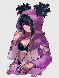 Rule 34 | 1girl, bikini, black bikini, black hair, black nails, breasts, cleavage, closed mouth, collarbone, commentary, double bun, fingernails, grey background, hair bun, hair over one eye, han juri, hood, kemachiku, long sleeves, looking at viewer, medium breasts, midriff, multicolored hair, nail polish, official alternate costume, pink hair, simple background, solo, street fighter, street fighter 6, swimsuit, symbol-only commentary, two-tone hair, zipper