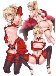 Rule 34 | 1girl, absurdres, anger vein, areola slip, armpits, asa (teng zi), ass, bandeau, barefoot, black thighhighs, blonde hair, blush, braid, breasts, butt crack, detached sleeves, fate/apocrypha, fate (series), feet, french braid, from behind, green eyes, hair ornament, hair scrunchie, highres, kneepits, lips, long hair, looking at viewer, looking back, medium breasts, midriff, mordred (fate), mordred (fate/apocrypha), multiple views, nail polish, navel, no shoes, panties, panty pull, pelvic curtain, ponytail, red scrunchie, scrunchie, shiny skin, simple background, spread legs, thigh strap, thighhighs, toeless legwear, toenail polish, toenails, toes, underwear, wedgie, white background