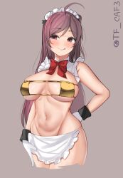 Rule 34 | 1girl, ahoge, alternate costume, apron, bikini, breasts, closed mouth, cropped legs, eyepatch bikini, frilled apron, frills, gloves, groin, hagikaze (kancolle), kantai collection, large breasts, licking lips, long hair, looking at viewer, maid headdress, navel, one-hour drawing challenge, purple eyes, purple hair, red ribbon, ribbon, simple background, skindentation, solo, straight hair, swimsuit, tf cafe, thick thighs, thighs, tongue, tongue out, twitter username, waist apron, white apron, white gloves, wide hips