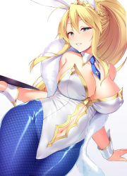 Rule 34 | 1girl, ahoge, animal ears, artoria pendragon (all), artoria pendragon (fate), artoria pendragon (swimsuit ruler) (fate), bare shoulders, blonde hair, blue necktie, blue pantyhose, blush, braid, breasts, cleavage, clothing cutout, collarbone, cross, detached collar, dutch angle, fake animal ears, fate/grand order, fate (series), fishnet pantyhose, fishnets, french braid, fur trim, gradient background, green eyes, grin, hair between eyes, half-closed eyes, head tilt, high ponytail, highleg, highleg leotard, hip focus, holding, holding tray, large breasts, legs together, leotard, looking at viewer, naughty face, navel, navel cutout, necktie, pantyhose, parted bangs, parted lips, playboy bunny, ponytail, rabbit ears, satou kuuki, shawl, shiny clothes, short necktie, sideboob, sidelocks, smile, solo, standing, sweat, thigh strap, thighs, tiara, tray, white background, white leotard, wide hips, wrist cuffs