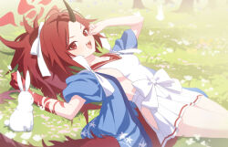 Rule 34 | 1girl, animal, black horns, blue archive, breasts, collarbone, day, dragon tail, eyeshadow, grass, halo, haori, hip vent, horns, japanese clothes, kaerunrun, long hair, lying, makeup, on back, on grass, open mouth, outdoors, pleated skirt, ponytail, rabbit, red eyes, red eyeshadow, red hair, red halo, red sailor collar, renge (blue archive), sailor collar, single horn, skirt, small breasts, smile, solo, tail, white skirt